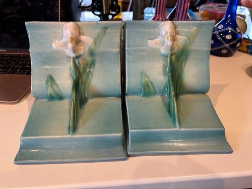 Roseville Iris Bookends, Vintage Art Deco Pottery, c1939