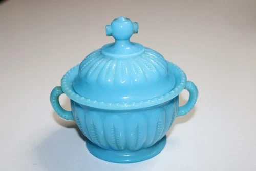 Vintage Portieux Vallerysthal Blue Milk Glass Covered Sugar or Candy Dish
