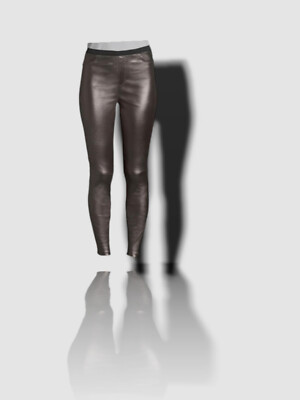 $795 Neiman Marcus Women's Black Leather Mid Rise Skinny Leggings Pants Size L