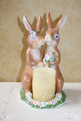 Willow Manor ILLUMINTAED BUNNY COUPLE w/LED CANDLE Spring EASTER Brown