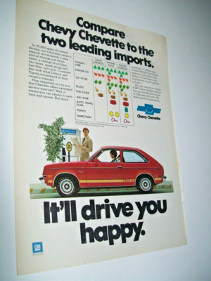 1977 Chevy Chevette Rally mid-size-mag car ad- ''It'll drive you happy.''
