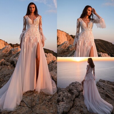 Elegant Wedding Dresses V-Neck Side Split Lace Applique A-Line BridalGown  Custom | eBay