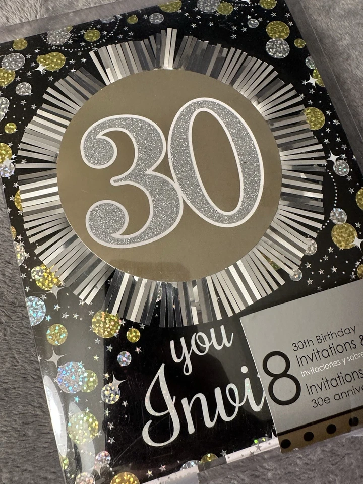 Invitaciones de fiesta de cumpleaños 30 negro dorado plata brillante hombres mujeres 2 paquetes 18 Foto 4 de 4
