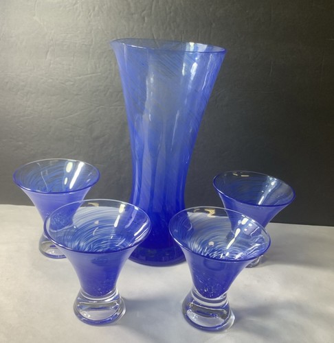 Art Glass Cocktail Barware Cordial Pitcher Glasses Blue Swirl - Picture 3 of 6