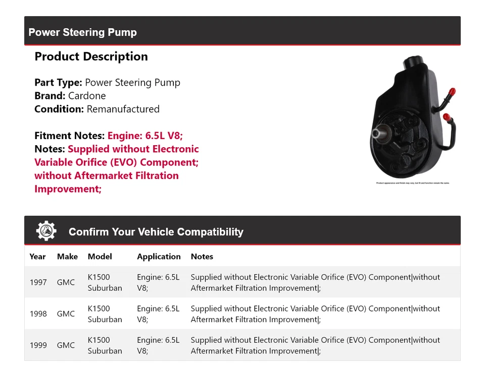 Bomba de dirección asistida Cardone 1998 para GMC K1500 Suburban 1997-1999 6,5 L V8 Foto 2 de 4