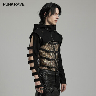 PUNK RAVE Men Black Steampunk Punk Rock Gothic Long Sleeve Short