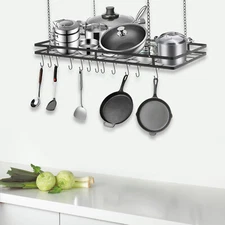 31.5 Inches Ceiling Pot Rack and Pan Rack for Ceiling with 12 Hooks  Black HOT