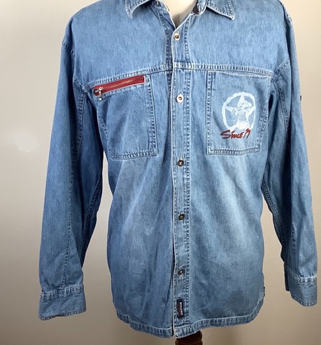 Bugle Boy Denim Shirt L Men's Blue Jeans Button Down print on chest zip Vintage - Picture 3 of 10