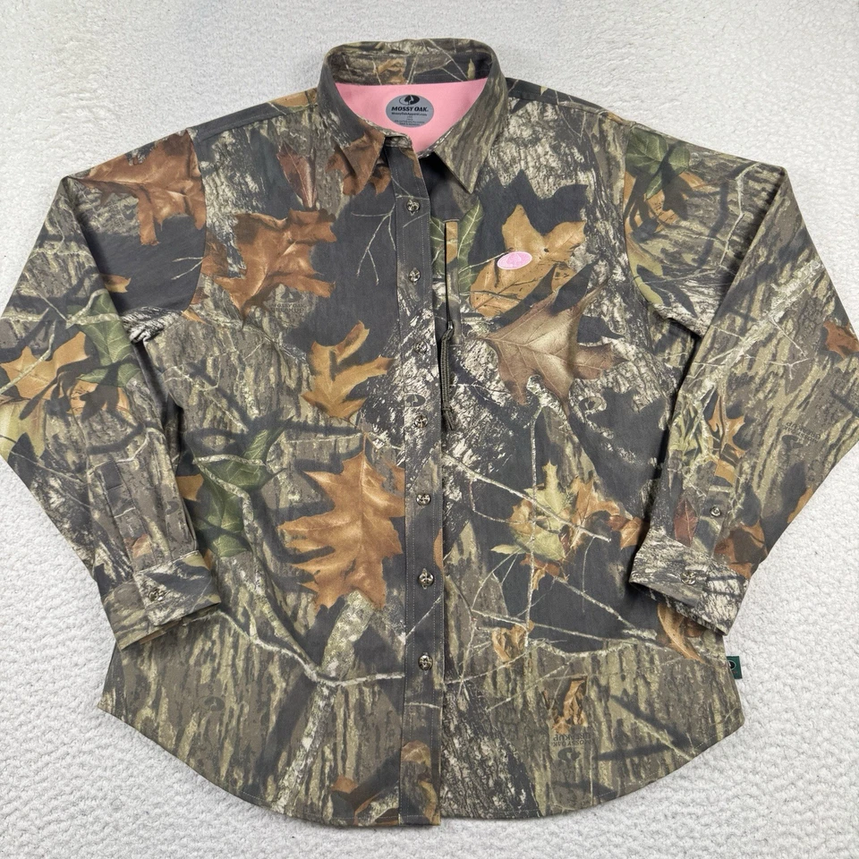 Camisa para mujer Mossy Oak Break Up L camuflada botón delantero L/S cremallera bolsillo caza Foto 2 de 4