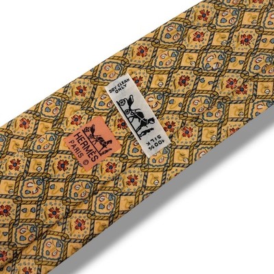 Hermes Tie Mens OS Yellow Blue Silk Geometric Rope Floral 7583 SA Made in France