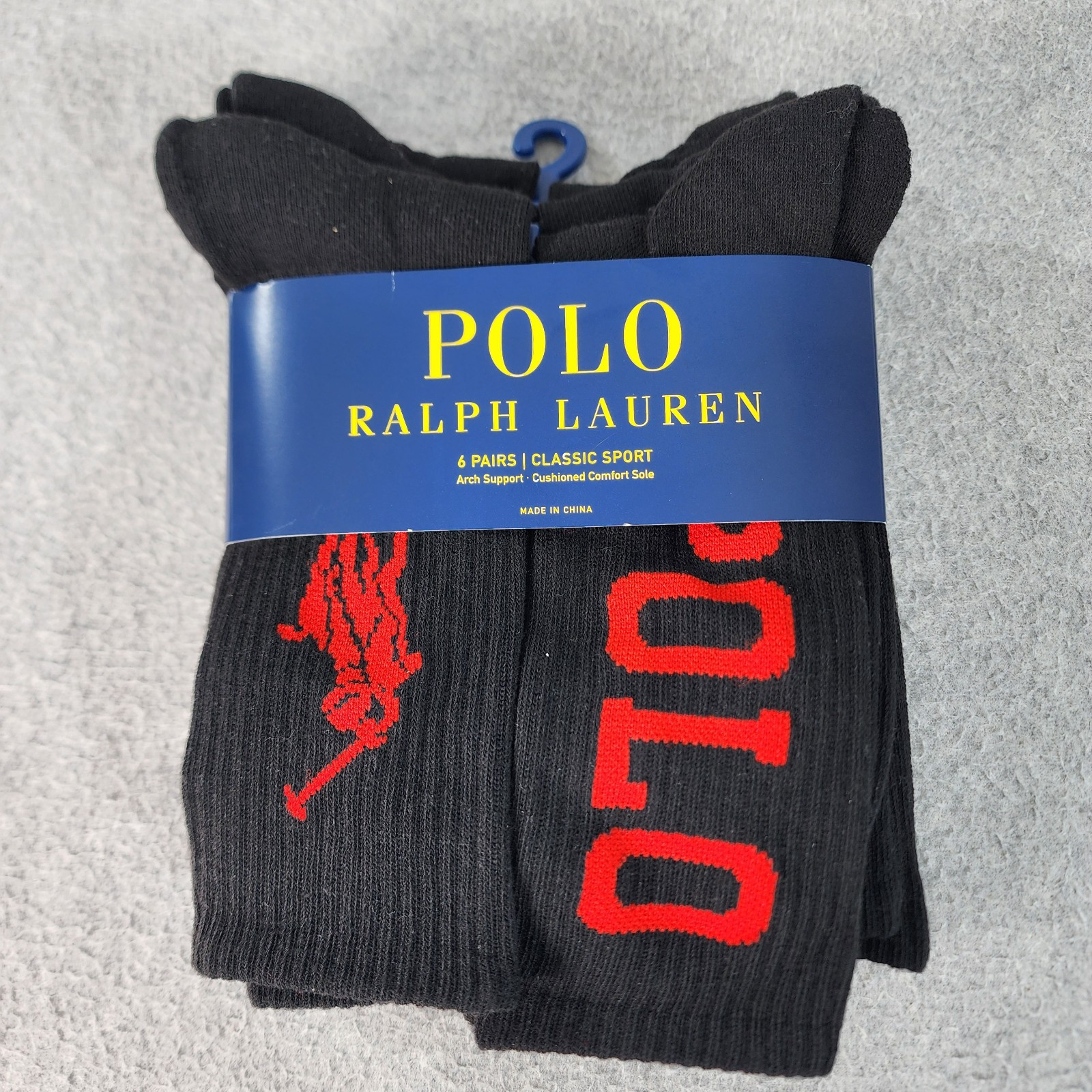 Polo Ralph Lauren 6 Paia Calze Classiche Sport Crew Uomo Taglia 10 13 Nero Rosso Pony