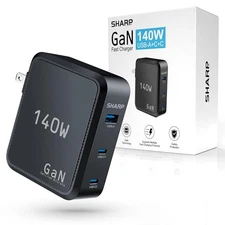 SHARP 140W USB C CHARGER, COMPACT FOLDABLE GAN FAST CHARGE QV16 - BLACK