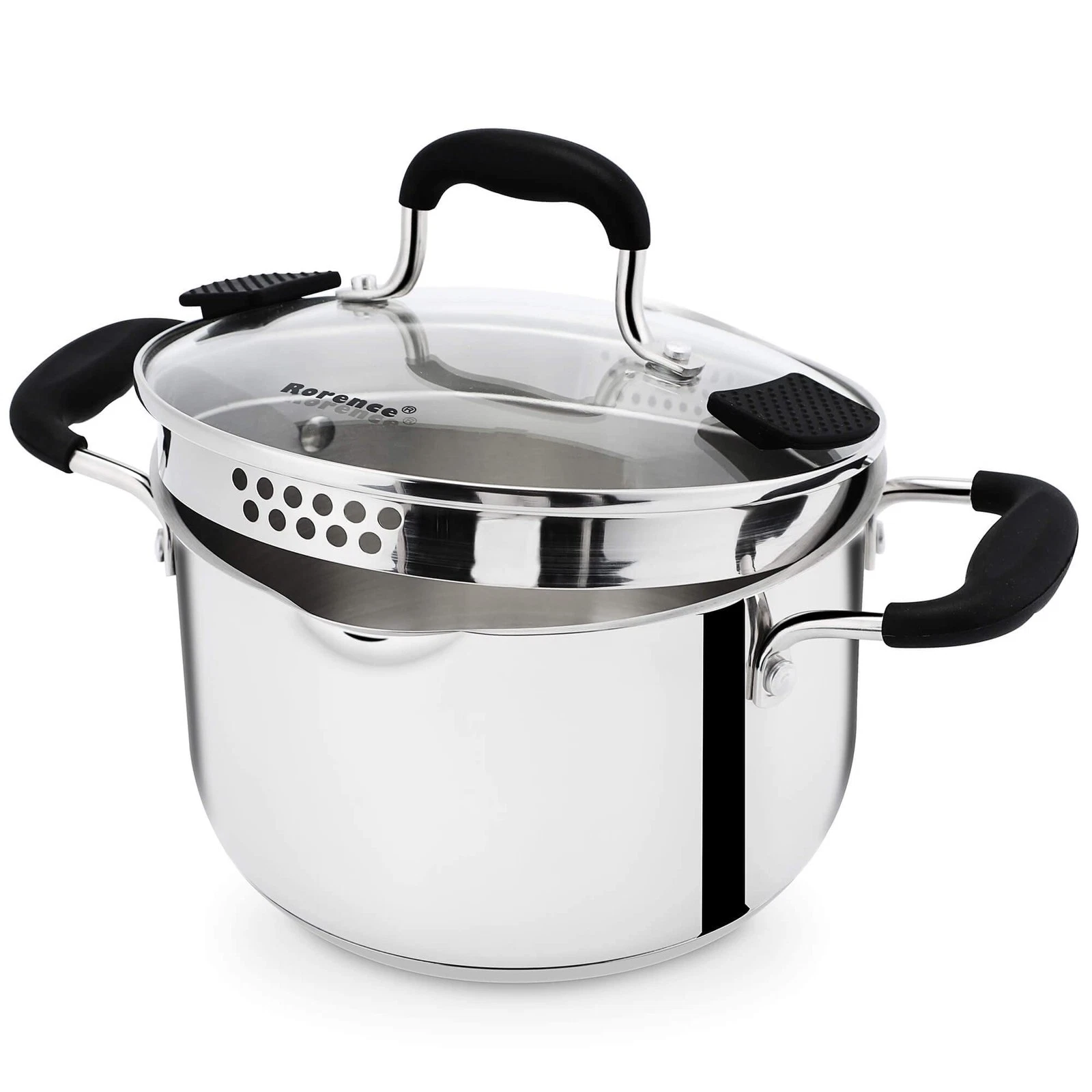 Stainless Steel Stock Pot with Pour Spout & Silicone Handles & Glass Lid with...