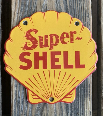 #ad VINTAGE 6x6quot; SUPER SHELL GASOLINE GAS PUMP STATION PORCELAIN DIE CUT OIL SIGN $75.00