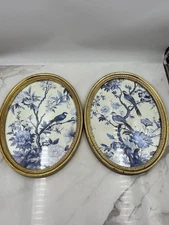 Pair Oval Gold Framed Blue White Bird Floral Art Prints Set Chinoiserie Decor