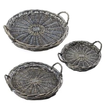 Gray Washed Willow Round Basket Trays 3pc Set, Natural Wicker Woven Serving Tray