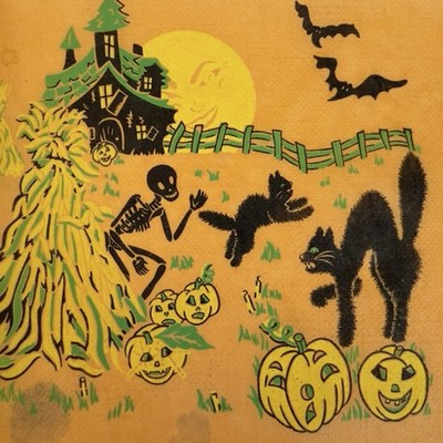 ONE Vintage Halloween DINNER SIZE Crepe Paper Napkin Skeleton Black Cat JOL Moon