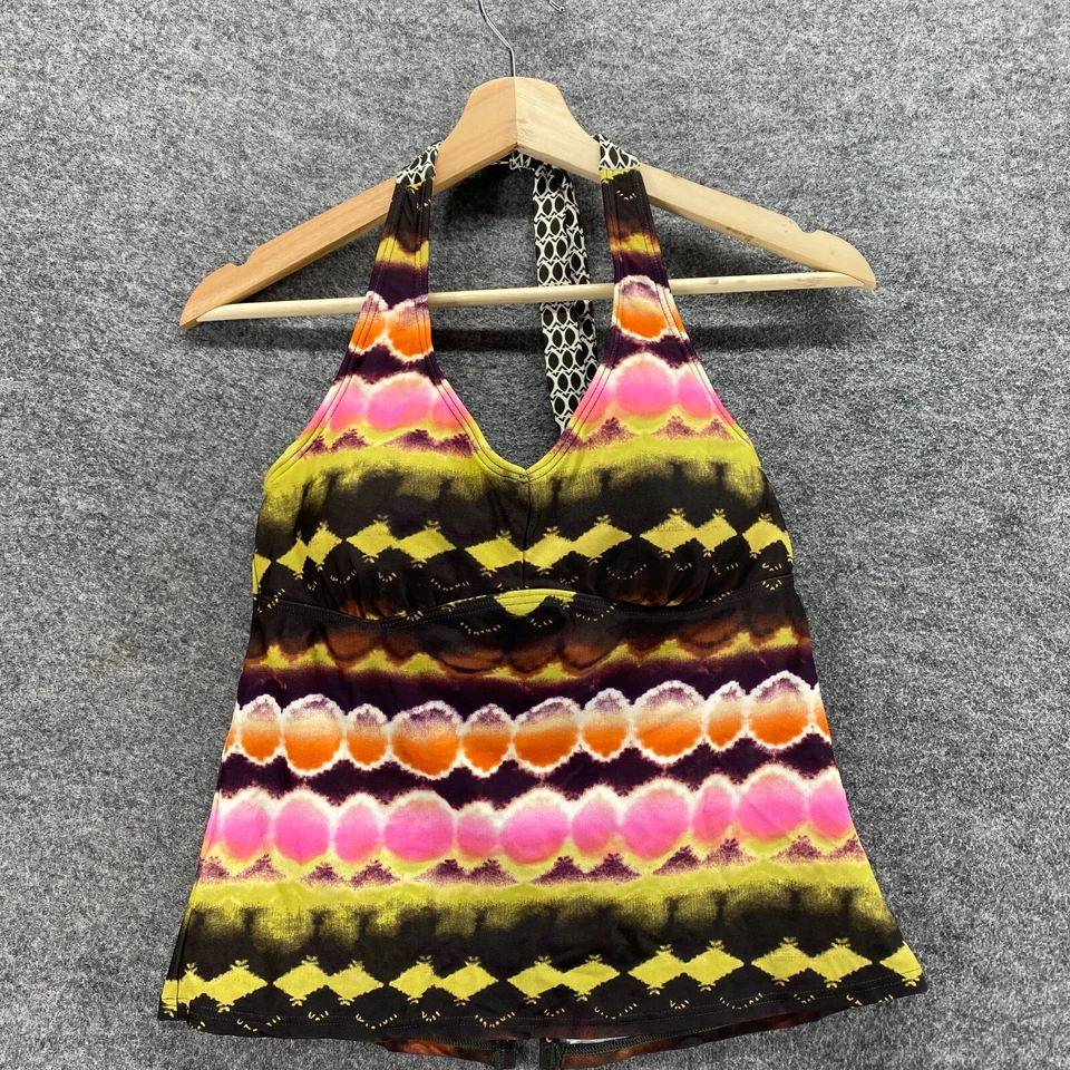 Top Tankini Athleta Mujer 2 Negro Rayas Halter Cuello Sin Mangas Forrado Traje de Baño Foto 3 de 4