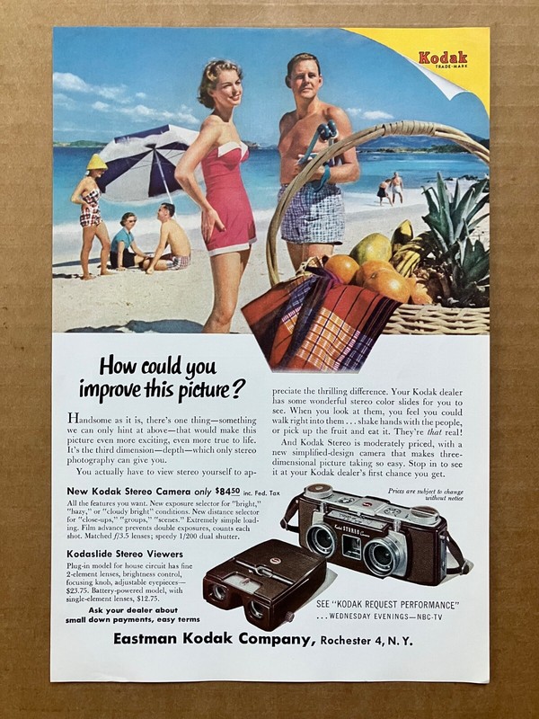 1955 Kodak Stereo Camera & Kodaslide Stereo Viewers Print Ad, 6 5/8"x10"