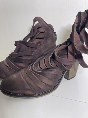 Free People Hybrid Leather Strappy Wedge Maroon Booties sz 8.5 39 | eBay