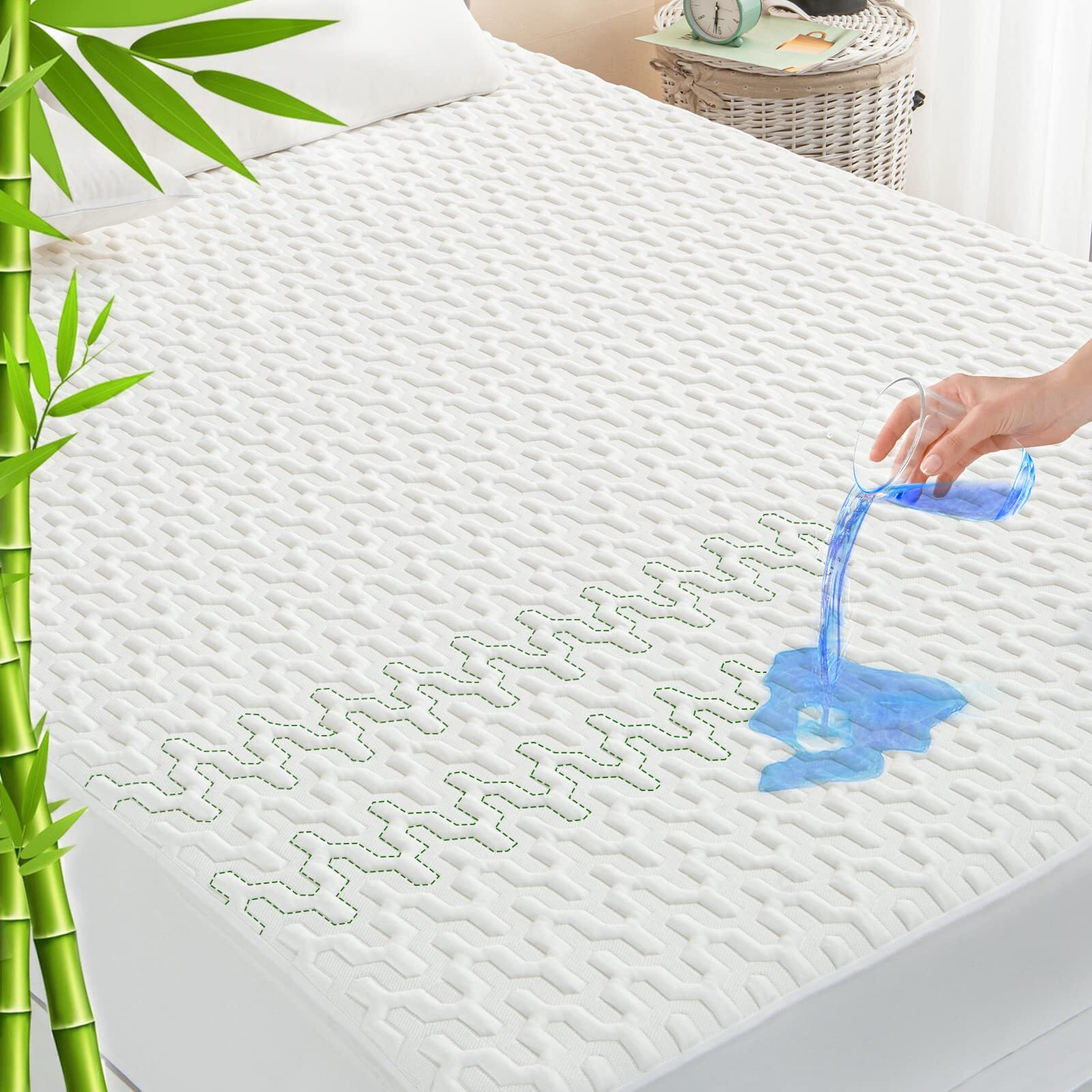 Waterproof Rayon Bamboo Mattress Protector Queen Size - 3D Air Fiber Mattress...