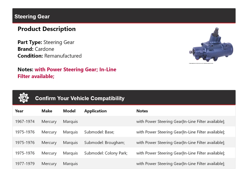 Para 1967-1979 Mercury Marquis engranaje de dirección Cardone 1968 1969 1970 1971 1972 Foto 2 de 4