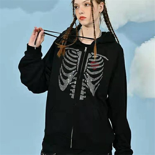 Gothic Zip Up Women Sweatshirts Acket Streetwear Rhinestone Fashion Female - Imagen 5 de 15