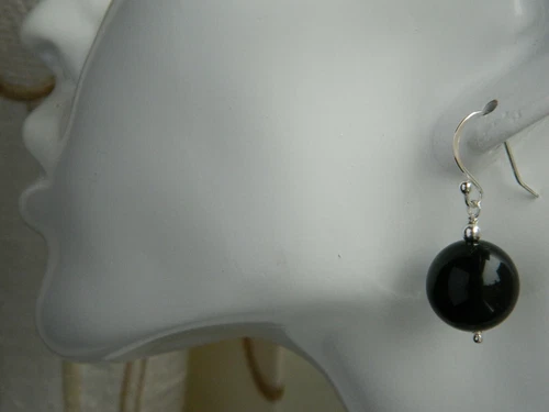 Large 14mm Black Onyx Gemstones & Silver Drop Elegant Handmade Earrings - Picture 4 of 13