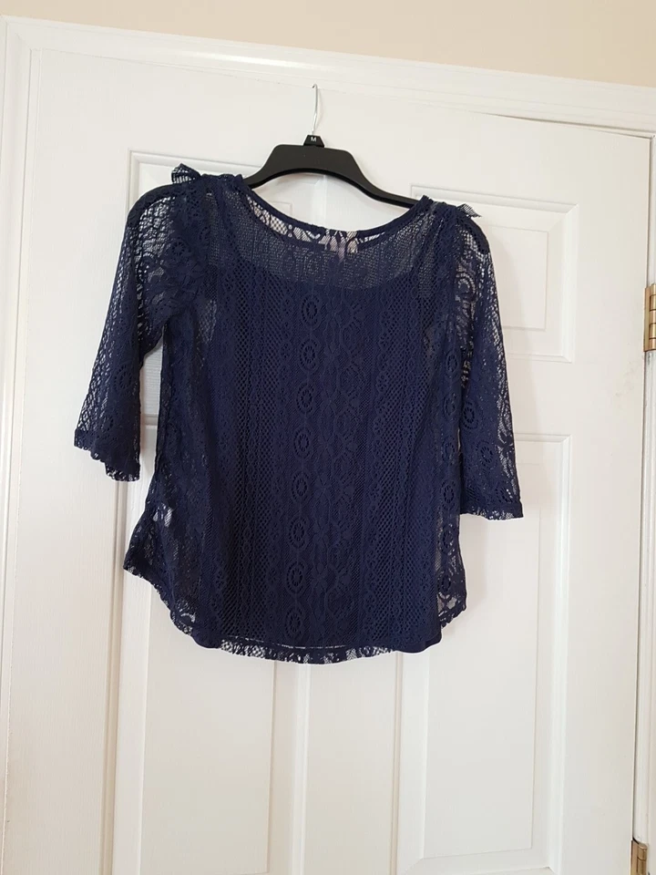 Blusa Top Autoestima Niñas Azul Talla XL Crochet Encaje Pullover Manga 3/4 Foto 2 de 4