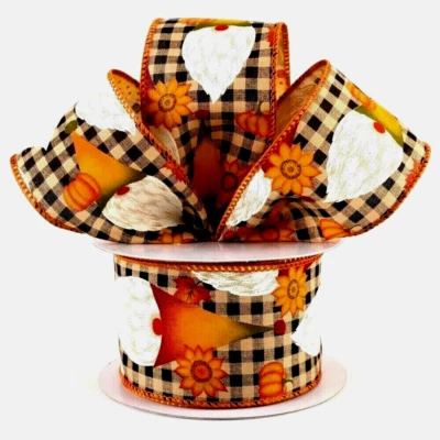 Fall Gnomes Gingham 2.5" by 2 yards Ribbon Sunflowers Pumpkins Thanksgiving - Image 1 of 3
