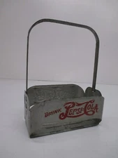Vtg Drink Pepsi Cola Double Dot Embossed Logo Pop Soda Bottle Carrier Metal