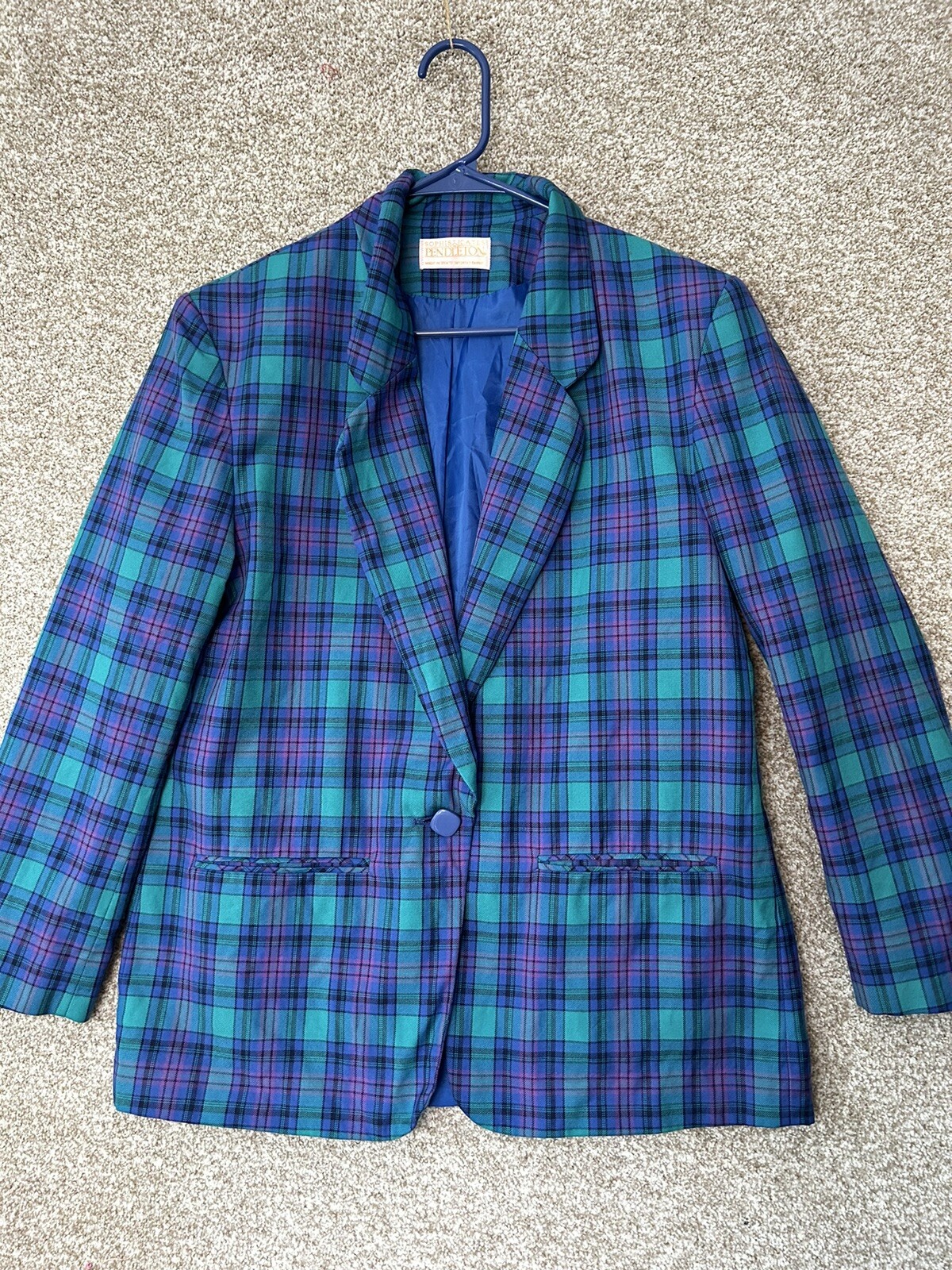 Vintage Pendleton One Button Green Blue Blazer Wo… - image 1
