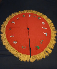 1960's Felt 41" Handmade Christmas Tree Skirt Bells Candles Wreath Gold Fringe