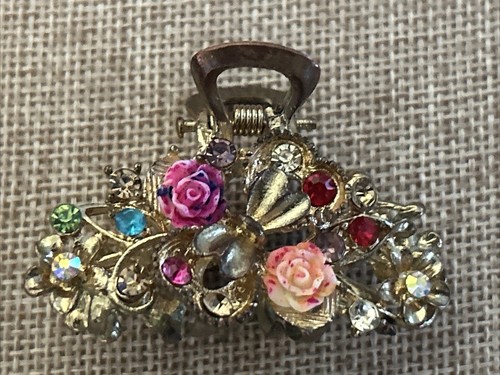 Vintage Flower Hair Claw Clip Rhinestone Multicolor Floral Metal Gold Tone 2”