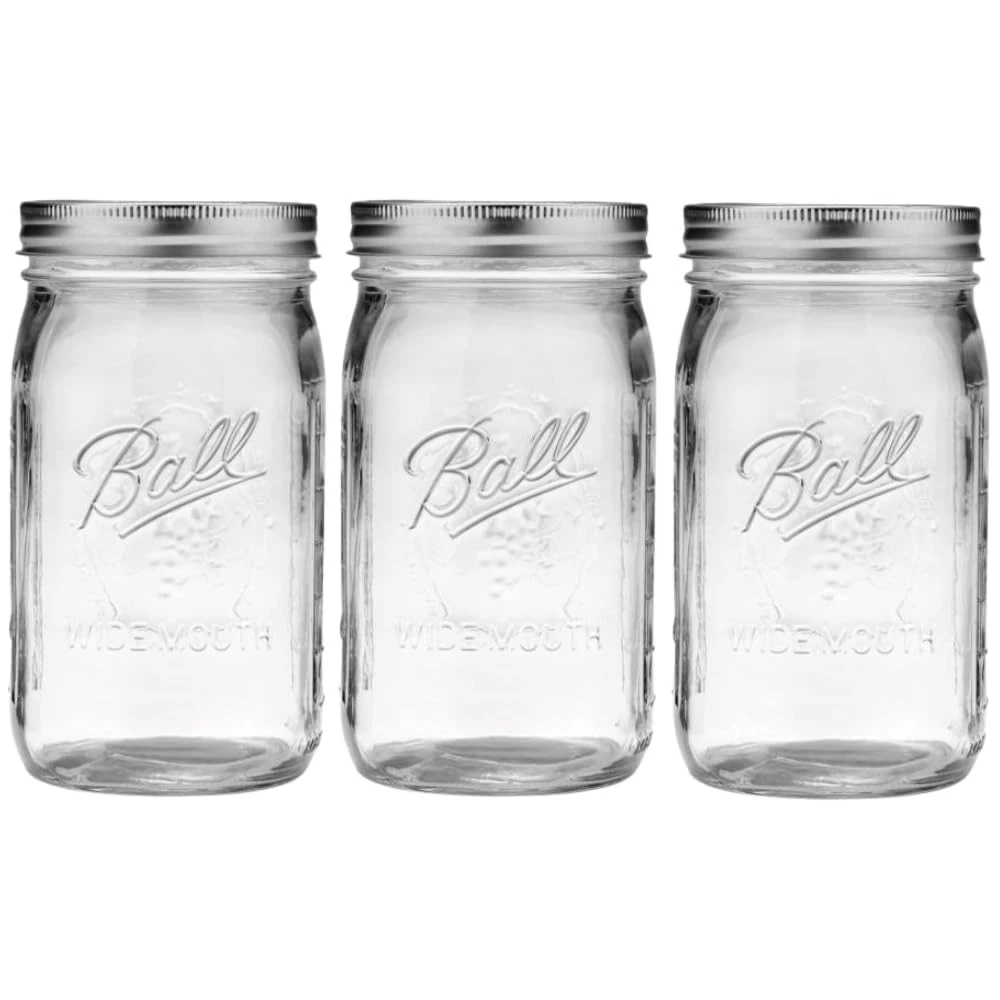 Wide Mouth Mason Jars with Lids, 32oz Quart, Canning, Pickling, Pack of 3