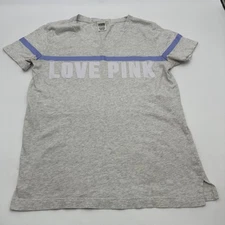 Pink Victorias Secret T-shirt Women S/P Gray Graphic Print Logo V-Neck..#27477