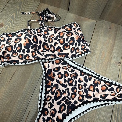 ZAFUL Womens Strapless Textured Bandeau Bikini in Leopard Print Sz. L
