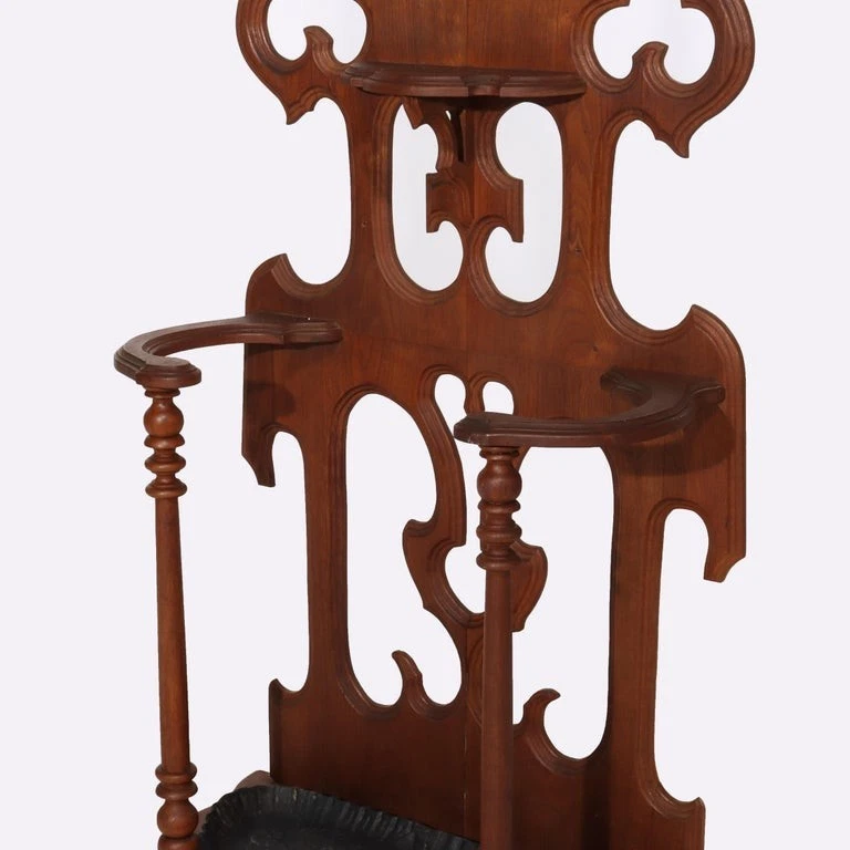 Antiga árvore de salão de nogueira espelhada gótica vitoriana com suporte para guarda-chuva c1890 - Imagem 3 de 4