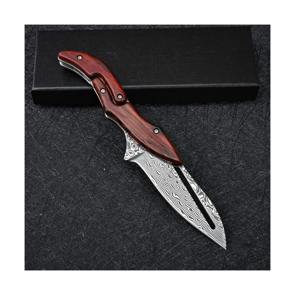 Cuchillo de bolsillo plegable de acero Damasco mango de sándalo amarillo mecánico... Foto 3 de 4