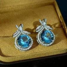 2Ct Round Cut Lab Created Aquamarine Women Stud Earring 14K White Gold Plated