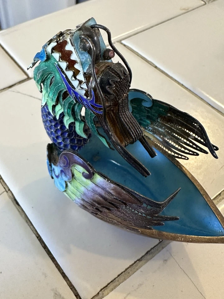Chinese Enamel Silver Filigree Dragon Boat Cloisonné Figurine Sculpture 69 grams - Image 4 of 4