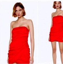Zara Red Ruched Strapless Mini Dress S Blogger Fav