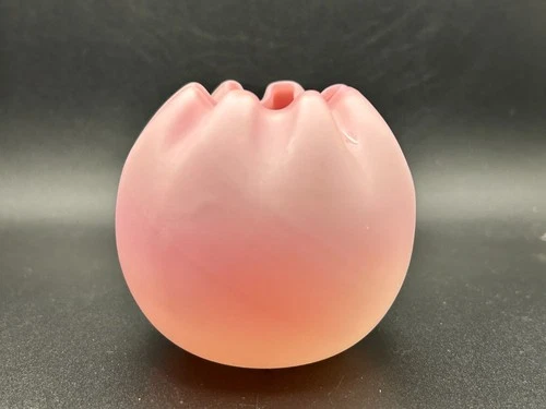 Vintage Pink Satin Glass Rose Bowl Crimped Rim 3.5” Fenton Style Mid Century