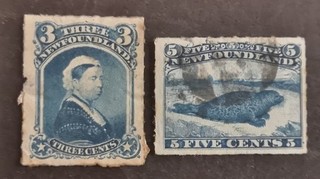 2 alte Briefmarken Neufundland 3C 5C 1876 gestempelt