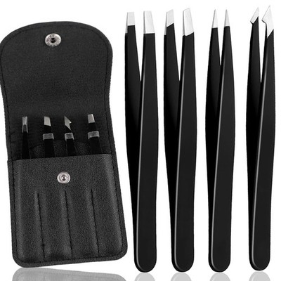 4Pcs Eyebrow Tweezers Set,Tweezers for Women Facial Hair Professional Black 
