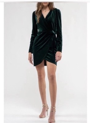 August Sky Dark Green Velvet Wrap Dress Long Sleeve  Women s Size Small NWOT