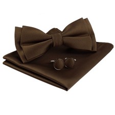 Mens Solid Color Two Layer Pre-Tied Bow Tie Pocket Square Cufflink Set