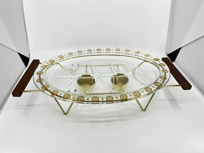 MCMGlasbake Atomic Oval Meat Platter Teak Brass  Warming Tray w tea light warmer