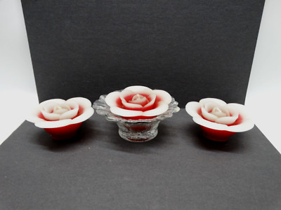 Lot of 3 Vtg Avon Rose Shaped Candles Two-Toned Flowers with 1 Glass Holder