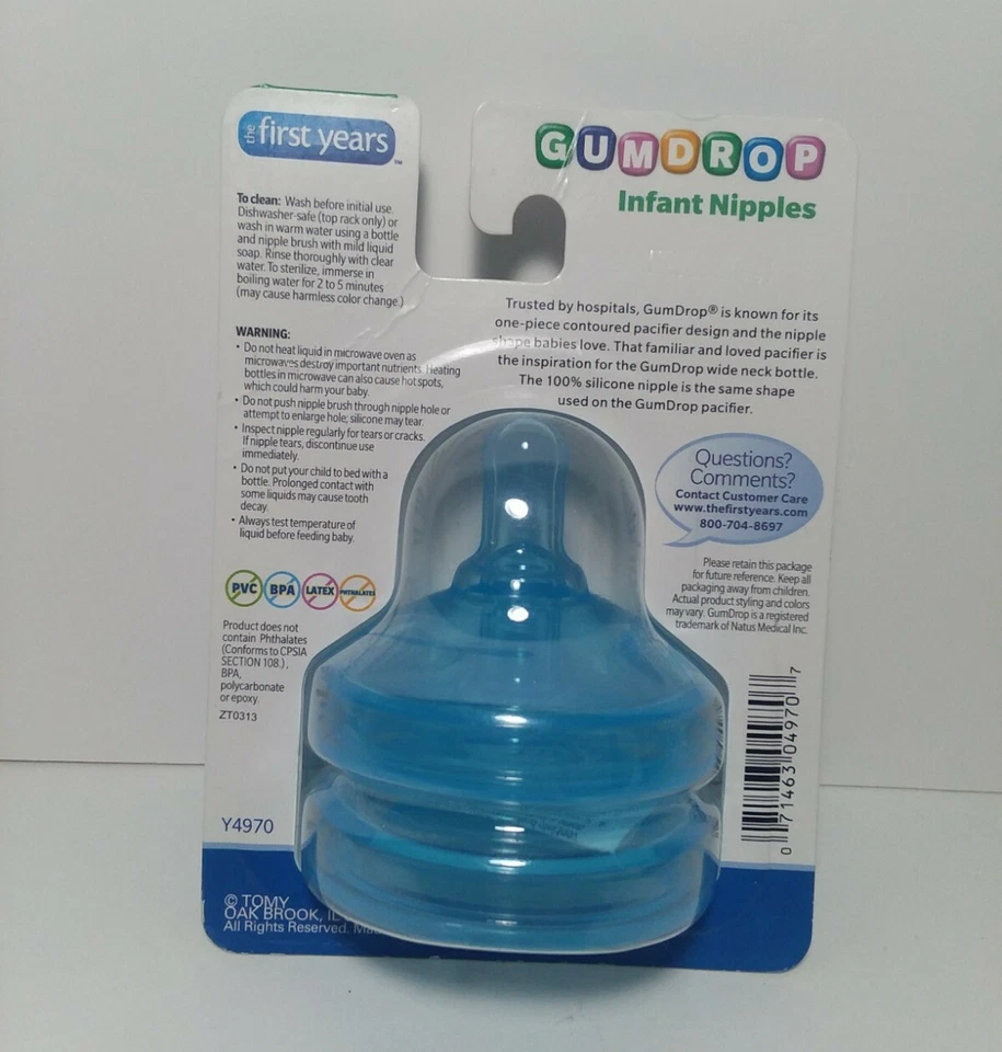TOMY GumDrop Infant Nipples 2 Pack Blue 3m+ The First Years Medium Flow BPA Free - Image 4 of 4
